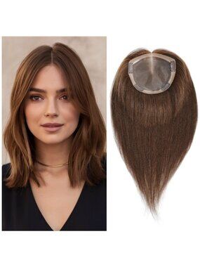 Brunette Human Hair Topper with Hand-Tied Lace Base Clip-In - 14" Medium Brown